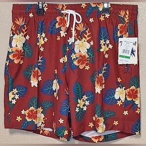 Trunks Surf And Swim Co. Festive Hibiscus True Red Men's Swim Trunks Size L